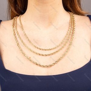 14K イエローゴールド ロープチェーンネックレス、厚さ3.2mm、4mm、4.5mm、18インチ、20インチ、22インチ、24インチ、本物のゴールドチェーン、ダイヤモンドカットチェーン、レディース