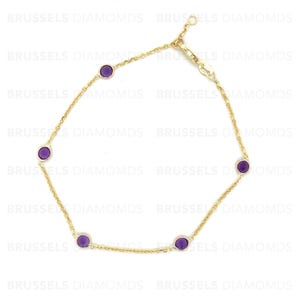 14K Solid Yellow Gold February Birthstone Natural Amethyst By The Yard Bracelet, 7&quot; 8&quot; 9&quot; 10&quot;, Real Gold Bracelet, Women, Thin Gold Bracelet