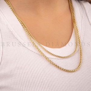 14K Real Yellow Gold Round Box Necklace Chain, 2.5MM 3.4MM Thick, 16&quot; 18&quot; 20&quot; 22&quot; 24&quot; Inch, Real Gold Chain, Thick Box Chain, Women