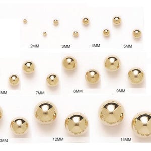 14 kt geelgouden boloorbellen, 2 mm 3 mm 4 mm 5 mm 6 mm 7 mm 8 mm 9 mm 10 mm 12 mm 14 mm, echt gouden stekers, pushback-stekers, meisjes vrouwen