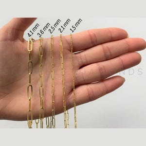 14K Solid Yellow Gold Paperclip Link Chain Necklace, 16&quot; 18&quot; 20&quot; 24&quot; Long, 1.5MM 2.1MM 2.5MM 3.6MM 4.1MM Thick, Real Gold Chain, Women