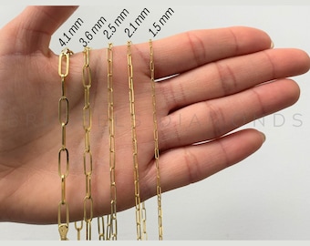 Halsband med gem och länkar i 14K massivt gult guld, 18 cm-60 cm, 1,5 mm-4,1 mm tjockt, kedja i äkta guld, kedja med länkar, för kvinnor