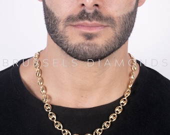 14K Yellow Gold Puffed Mariner Gucci Chain Necklace, 11MM Thick, 20&quot; 22&quot; 24&quot; Inch, Real Gold Chain, Men Gold Chain