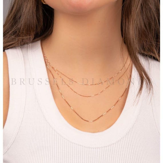 14K Solid Rose Gold Box Chain Necklace, 0.5MM 0.6MM 0.7MM Thick