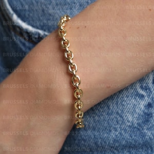14K Real Yellow Gold Rolo LInk Chain Bracelet, 6.2 MM Thick, 7.5&quot; Inch, REAL Gold Bracelet, Women Gold Bracelet, Ladies Bracelet