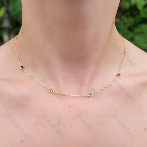 14K Gold Gemstone Station Necklace Chain, Garnet, Peridot, Amethyst, Citrine, Blue Topaz, Real Gold Chain, Semi-Precious Stones, Women