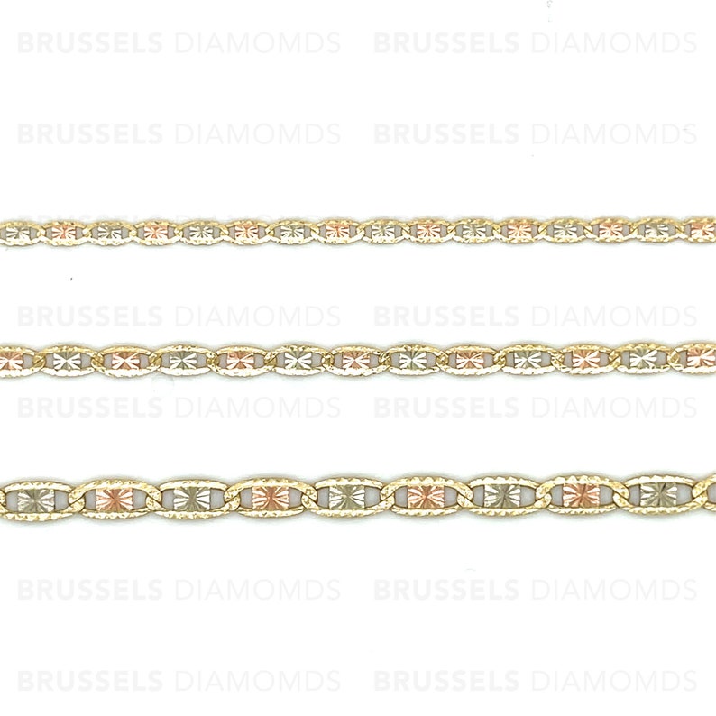 Collana con catena a specchio tricolore in oro massiccio 10 carati, 2,1 mm, 2,6 mm, 3,3 mm di spessore, 16", 18", 20", 22", 24", oro vero, catena Valentino, tricolore, da donna immagine 8