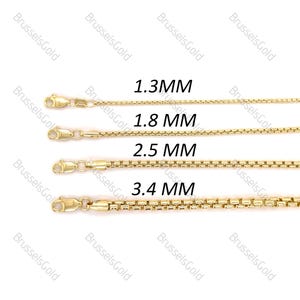 Real 14K Yellow Gold Chain Necklace, 1.3mm 1.8mm 2.5mm 3.4mm Thick, 16&quot; 18&quot; 20&quot; 22&quot; 24&quot; Inch, Round Box Chain, Real Gold Chain, Women