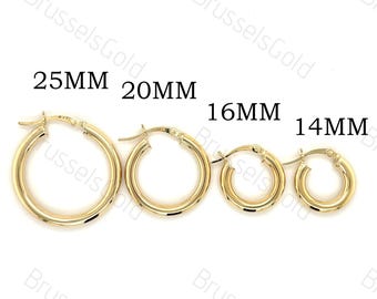 May include: Four gold hoop earrings in different sizes: 25mm, 20mm, 16mm, and 14mm.