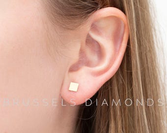 14K Solid Yellow Gold Stud Earrings, 5MM, Dainty Gold Studs, Minimalist Earrings, Square Stud Earrings, Women
