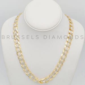 14K Two Tone Solid Gold Pave Curb Link Chain Necklace, 12.2mm Thick Gold Chain, 24&quot; 26&quot; Inch, Real Gold, Mens Gold Chain