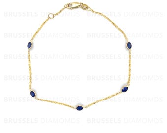 14K Solid Yellow Gold September Birthstone Sapphire By The Yard Anklet Chain, 10&quot; Inch, Real Gold Anklet, Birthstone Anklet, Women