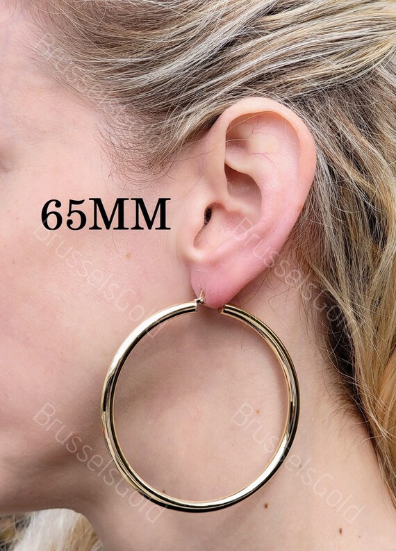 10K イエローゴールドフープピアス、厚さ4mm、サイズ25mm～65mm 