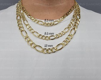 10K Real Yellow Gold Thick Figaro Link Chain Necklace, 7mm 8.5mm 9.5mm 12mm Thick, 18" 20" 22" 24" 26" 30" Inch, Real Gold Chain, Men