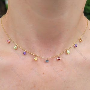 14K Gold Dangling Gemstone Station Necklace, Garnet, Peridot, Amethyst, Citrine, Blue Topaz, Real Gold Chain, Semi-Precious Stones, Women