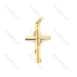 14K Real Yellow Gold Cross Pendant, 34 x 17 mm, Tubed Cross With Rope, Real Gold Pendant, Real Gold Cross, Real Gold