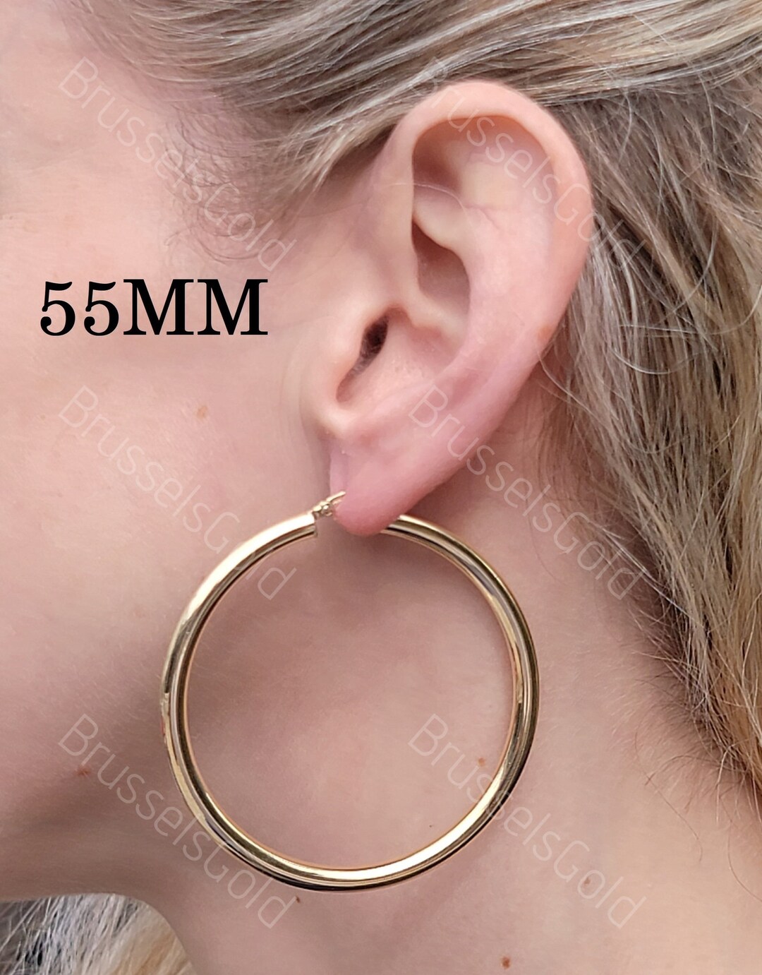 REAL Gold Hoops, 4mm Thick, Size 55mm, 10K Yellow Gold Hoop Earrings