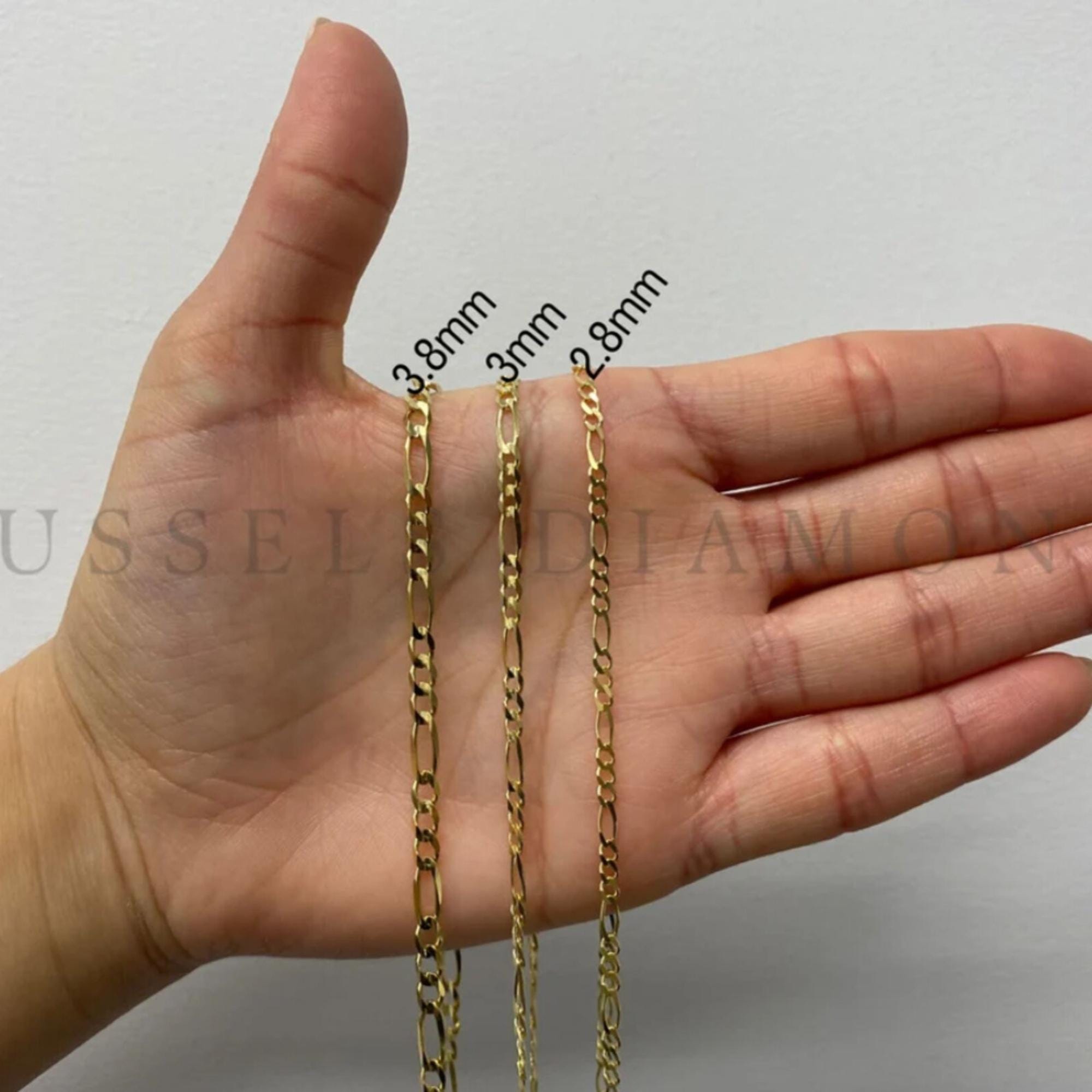 14K Solid Yellow Gold Figaro Chain Necklace, 2.8MM 3MM 3.8MM