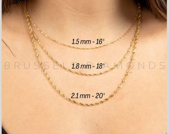 14K Solid Yellow Gold Singapore Chain Necklace, 1.5mm 1.8mm 2.1mm Thick, 16&quot; 18&quot; 20&quot; 24&quot; Inch, 14K Gold Rope Chain, SOLID GOLD Links, Women