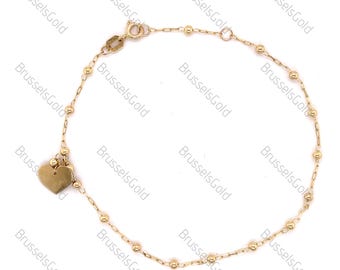 14K Yellow Gold Bead Station Anklet Chain With Dangle Heart, 10&quot; Inch, Real Gold, Women