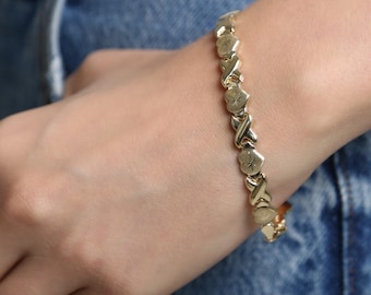 10K Real Yellow Hearts and Kisses Stampato Bracelet For Women, Polished And Satin, 7" 8" Inch, Real Gold Bracelet, X And Hearts Bracelet