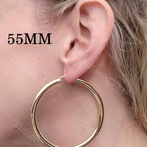 ECHTE gouden hoepels, 4 mm dik, maat 55 mm, 10K geelgouden hoepel oorbellen, klassieke hoepel oorbellen, klassieke glanzende afwerking, cadeau, vrouwen meisjes