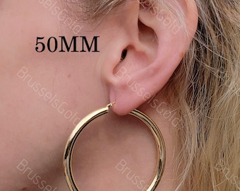 10k Yellow Gold Large Plain Hoop Earrings – 3mm X 50mm, Shiny Finish, Snap Closure, Goldum NYC