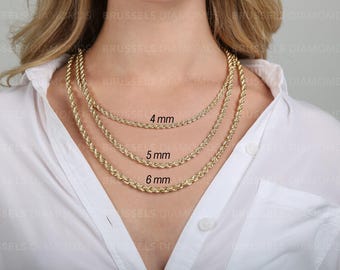 Real 10K Yellow Gold Rope Chain Necklace, 16" 18" 20" 22" 24" 26" 30" Inch, 4MM 5MM 6MM Thick, Real Gold Chain, Chain For Pendant , Women