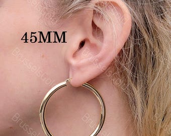 10K Yellow Gold Hoop Earrings, 4mm Thick, Size 45mm, Classic Hoop Earrings, REAL Gold Hoops, Classic Shiny Finish, Gift, Women Girls