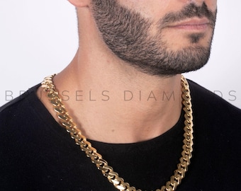 14K Yellow Gold Miami Cuban Chain Necklace, 13.5MM Thick, 24&quot; Inch, REAL Gold Chain, Mens Gold Chain
