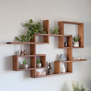 Solid Wood Display Shelf 45"x 24". Square - Rectangular floating wall shelf. Crystals shelf. Essential Oils Shelf. Geometrical wall shelf.