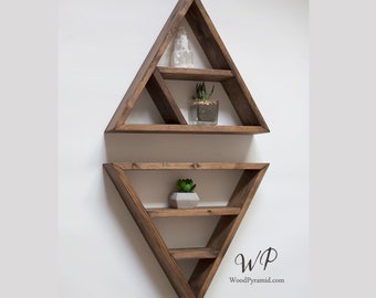 Set of TWO Shelves 16"x 3". Solid Wood, Pyramids - Triangle shelf. Crystals shelf. Essential Oils Shelf. Different design & Color