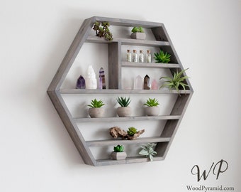 Large Hexagon Shelf 27"x23.5". Essential Oil Shelf. Crystal display shelf. Floating hexagon shelf with optional drawer..