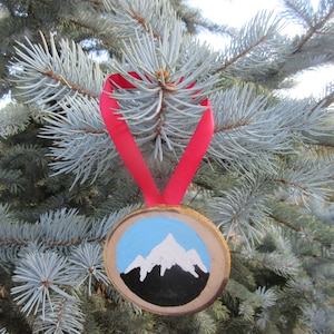 Snowy Mountains Wooden Christmas Ornament. Rocky Mountain art, alpine art, holiday ornament, painted wood ornament, wood slice, handmade