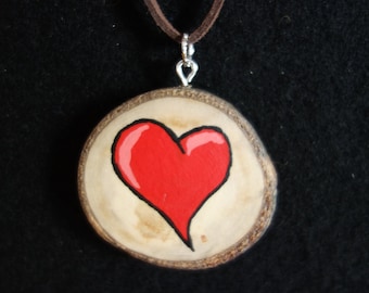 Wood Heart Necklace. Wooden jewelry, wood slice art, wooden heart pendant, handmade heart necklace, valentine's day necklace, painted heart.
