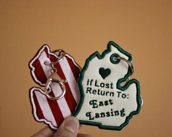 Embroidered Michigan Keychain, East Lansing MSU Gift, If Lost Return To Bag Tag