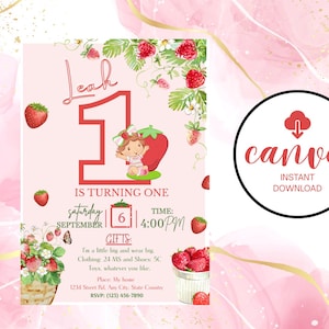 May include: A pink birthday invitation with a strawberry theme. The invitation features the name "Leah" and the number "1" in a large, red font. The text "IS TURNING ONE" is also present, along with the date, time, and RSVP information. The Canva logo is visible.