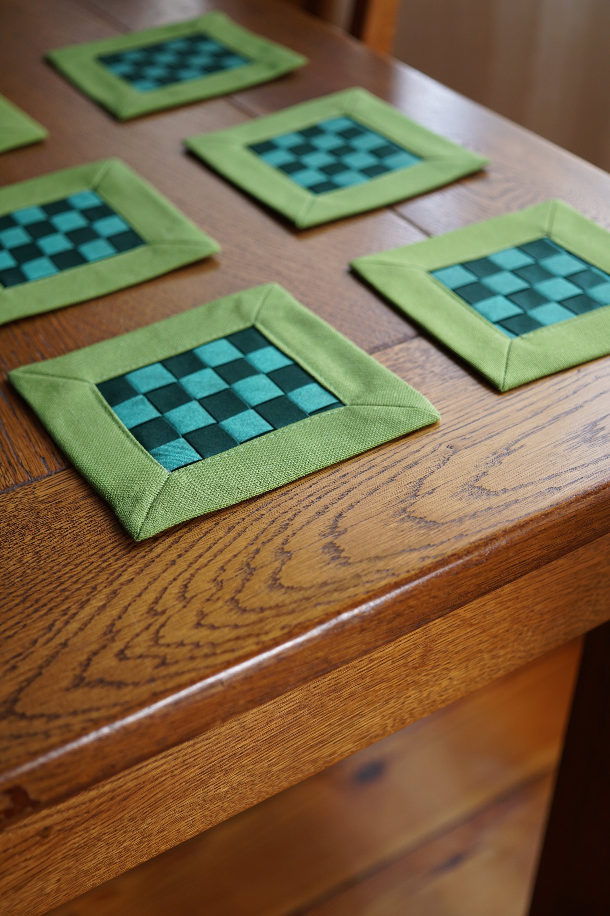 Dazzling Ribbon Woven Coasters in Deep Shiny Green With Thick Linen ...