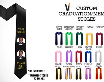 May include: Black graduation stole with gold lettering that says "NAME" and "YOUR SCHOOL". The stole also has two photo inserts. The stole is 60 inches long and comes in a variety of colors.  The stole is also available in a trimmed version that is 72 inches long.