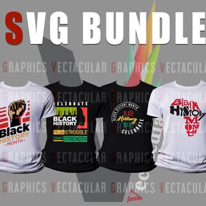 May include: A set of five t-shirt designs featuring black history month themes. The designs include a fist in the air, a silhouette of a woman, an outline of Africa, and text that says "Black History Month" and "I'm Black and I'm Black Y'all".