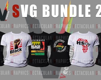 May include: A set of five t-shirt designs featuring black history month themes. The designs include a fist in the air, a silhouette of a woman, an outline of Africa, and text that says "Black History Month" and "I'm Black and I'm Black Y'all".