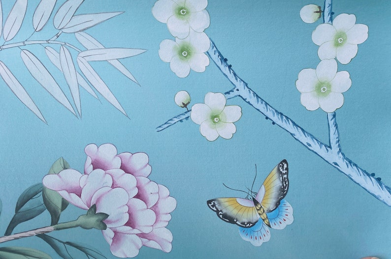1012 custom Chinoiserie Wallpaper Duck Egg Blue Silk Wallpapercustom