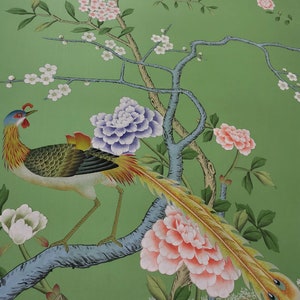 Chinoiserie handpainted wallpaper on emerald green silk custom size available---list price for one panel