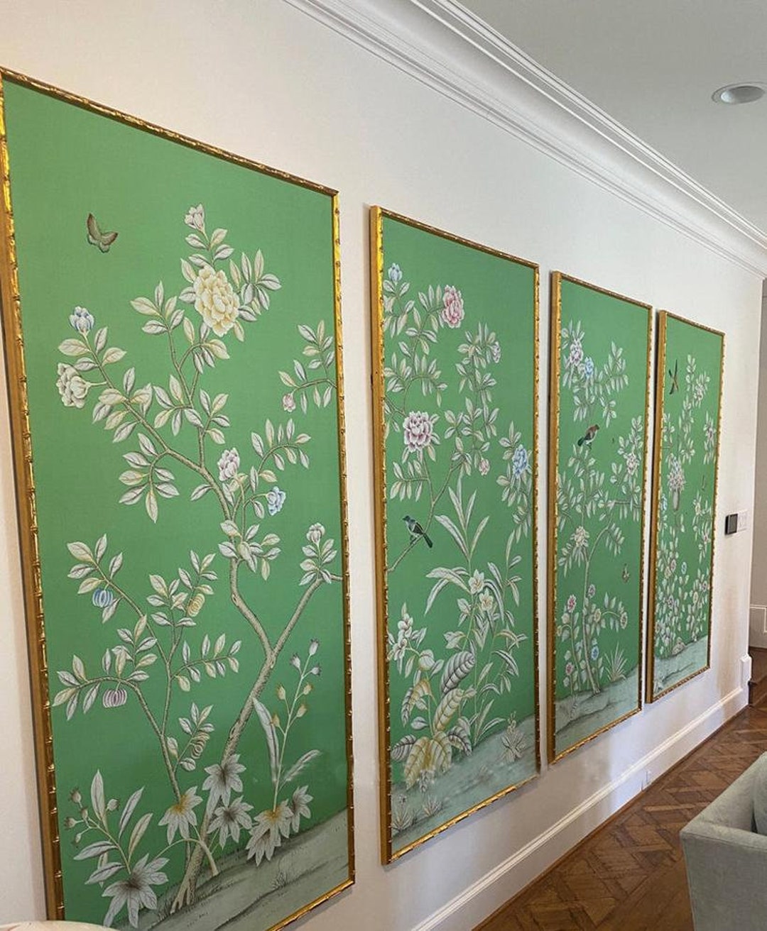 Emerald Greenchinoiserie Handpainted Silk Wallpaperlist - Etsy