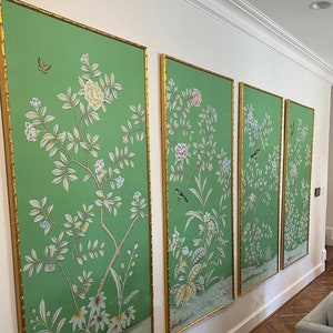 Emerald Green----Chinoiserie Handpainted silk wallpaper--list price for 1 panel 3ft wide * 6ft high