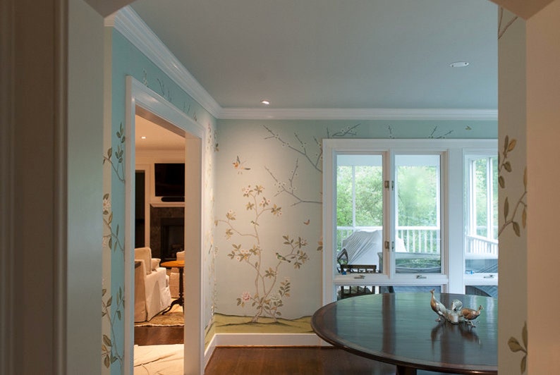 1012 custom Chinoiserie Wallpaper Duck Egg Blue Silk Wallpapercustom