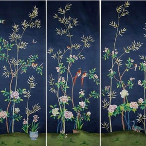 navy blue, hand-painted Chinoiserie  panels, chinoiserie wallpaper----Reseved for Lindsey Beatty