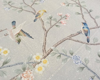 hand-painted chinoiserie wallpaper, birds and flowers ---Reserved for Rene