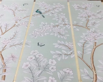 20" by 60"---A set of 3 panels--- wall artwork--- unframed Chinoiserie Handpainted Artwork on Celadon Green wallpaper, no frame