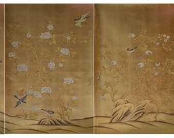 Chinoiserie wallpaper --hand painted gold metallic wallpaper - Chinoiserie hand painted wallpaper on gold